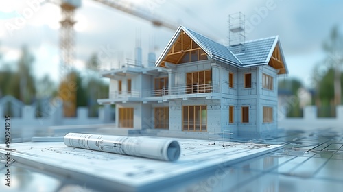 House building model on blueprint under cloudy sky