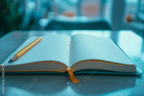 A close-up of an open notebook with blank white pages and a pencil,... photo