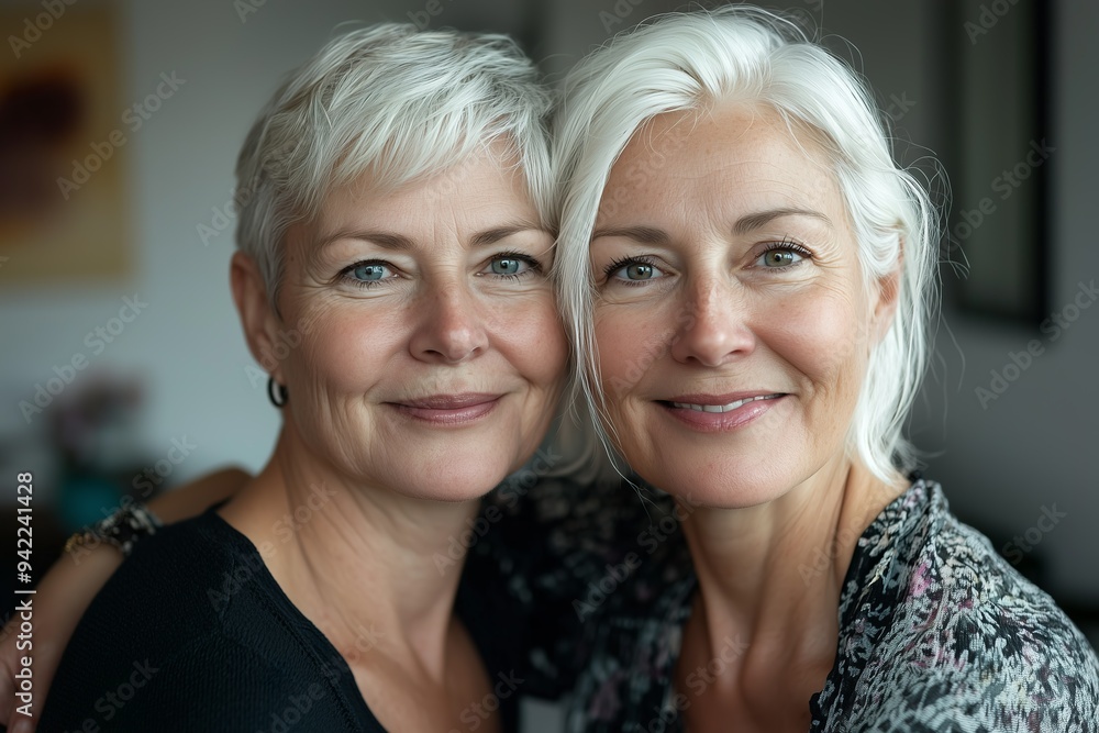 A close-up portrait of two middle-aged women friends, one with... A close-up portrait of two middle-aged women friends, one with...