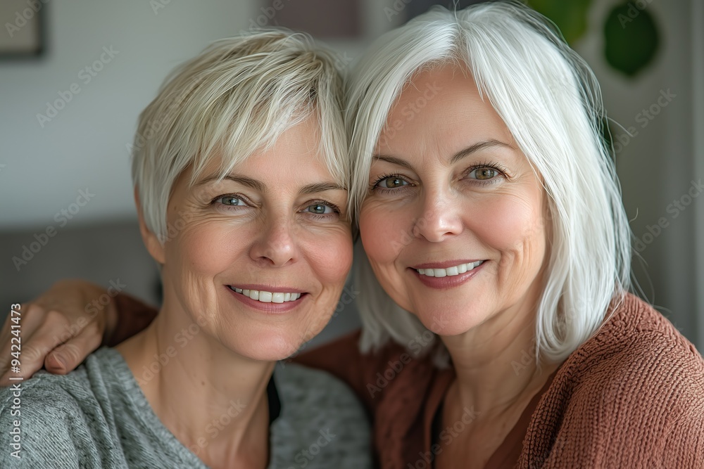 A close-up portrait of two middle-aged women friends, one with...