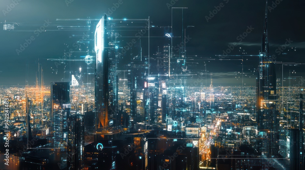 Futuristic Cityscape at Night with Digital Overlays Futuristic Cityscape at Night with Digital Overlays