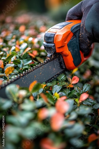 Gardener using electric hedge trimmer to shape dense green shrubs in a sunny ...