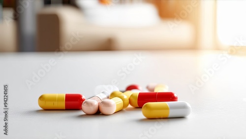 Assorted capsules scattered on a white surface in a bright room.