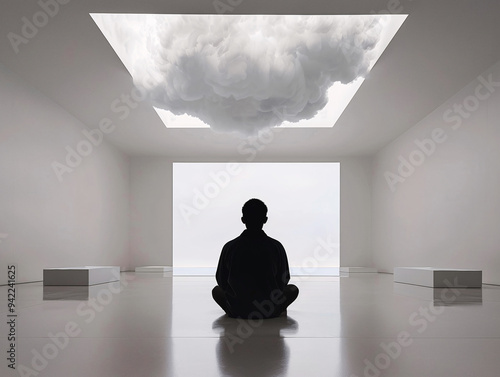 A thunderstorm over a man sitting on the floor. Artificial intelligence. photo