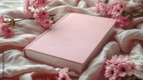 A pink book rests on a bed beside pink flowers in a room