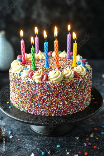 Colorful birthday cake with lit candles and sweets placed on a dark table, ce...