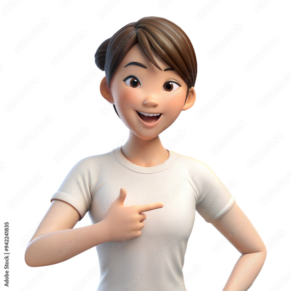 Animated 3D young girl with short brown hair pointing at herself, smiling, on transparent background Animated 3D young girl with short brown hair pointing at herself, smiling, on transparent background