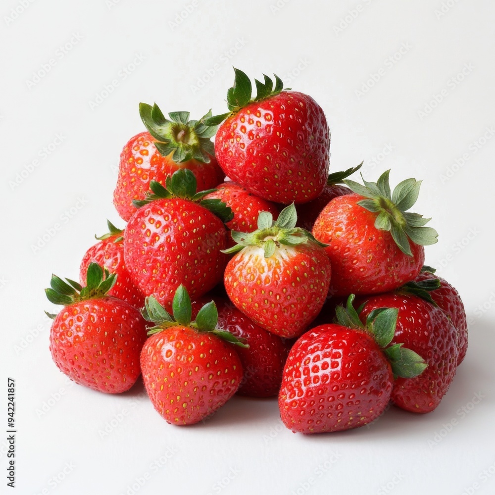 A pile of fresh red strawberries with green leaves on a white background. A pile of fresh red strawberries with green leaves on a white background.