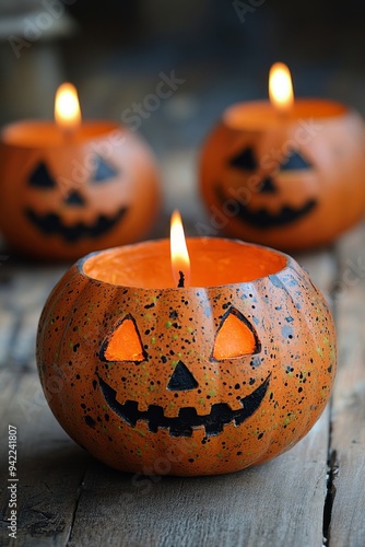 A carved Halloween pumpkin with flickering candlelight in a cozy autumn setting