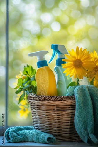Spring cleaning essentials arranged in a woven basket with blossoms in a brig...