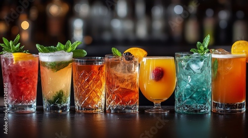 A variety of refreshing cocktails presented on a bar counter during a vibrant...