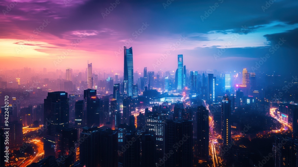 Fototapeta premium Aerial View of a Cityscape at Dusk with Colorful Skies