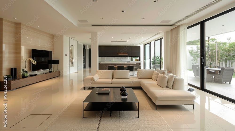 Spacious modern living room with large windows and open floor plan, featuring a comfortable sectional sofa and stylish decor. Spacious modern living room with large windows and open floor plan, featuring a comfortable sectional sofa and stylish decor.