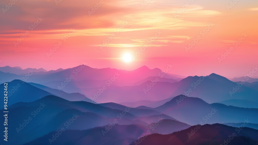 Stunning sunset over mountain range with colorful sky. Serene landscape perfect for nature, travel, and adventure themes. Stunning sunset over mountain range with colorful sky. Serene landscape perfect for nature, travel, and adventure themes.
