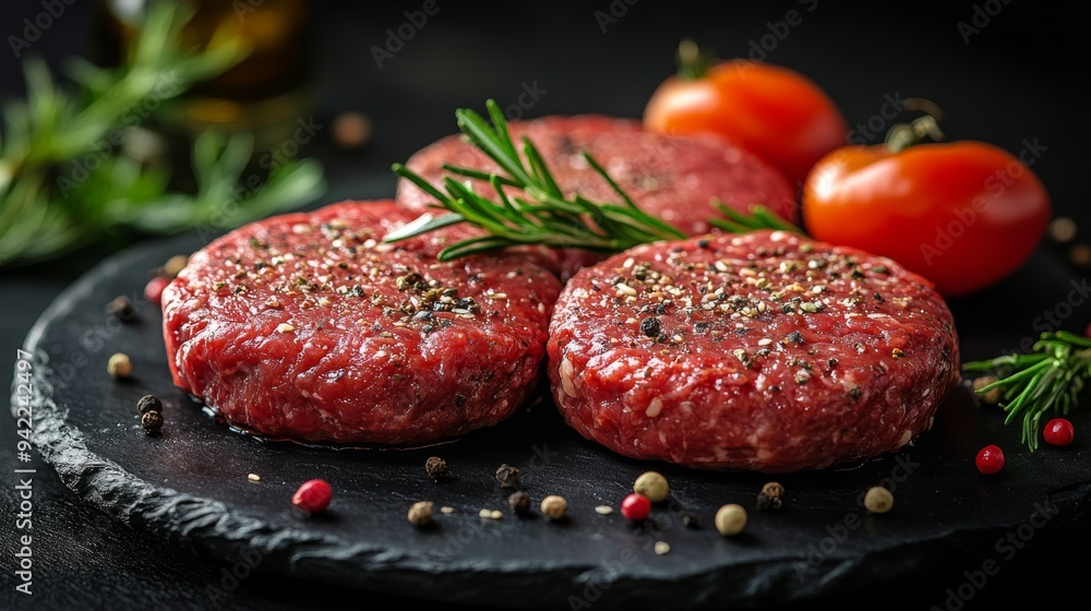 Freshly prepared beef patties ready for grilling with herbs on a rustic slate board Freshly prepared beef patties ready for grilling with herbs on a rustic slate board