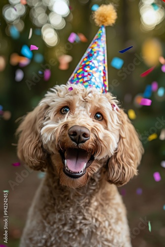 Happy dog celebrating a birthday with a party hat and colorful confetti in a ...