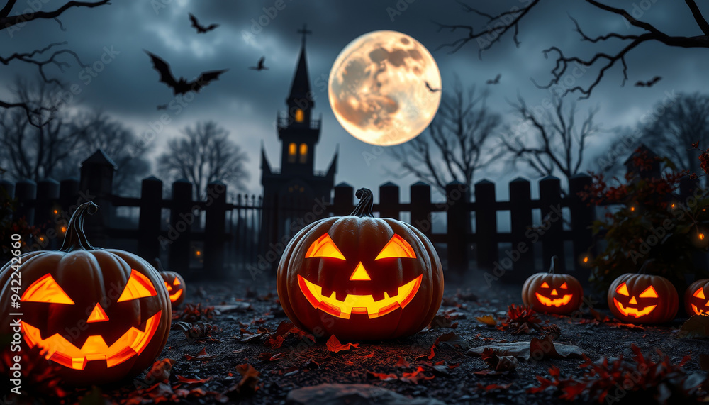 Spooky Halloween Pumpkin Illustration with Glowing Jack-O'-Lanterns on Nightmare Background - Halloween Night Concept Spooky Halloween Pumpkin Illustration with Glowing Jack-O'-Lanterns on Nightmare Background - Halloween Night Concept