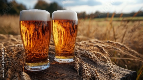 Beer glasses resting in a golden wheat field under a bright blue sky during s...
