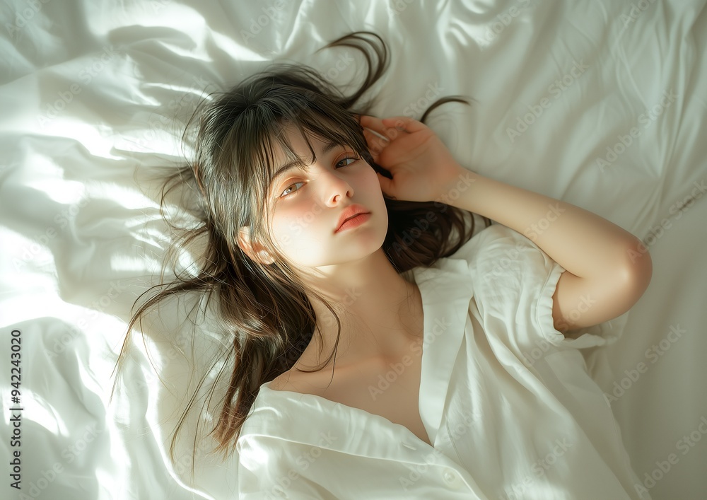 A girl in pajamas lies on the bed and rests her hand on her face,... A girl in pajamas lies on the bed and rests her hand on her face,...