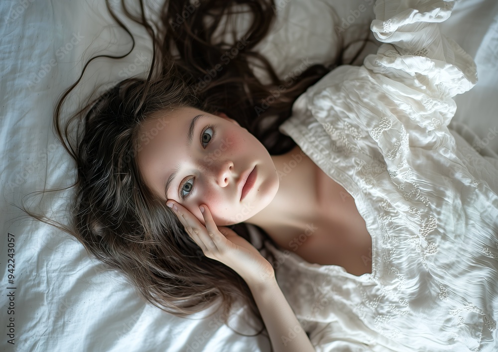 A girl in pajamas lies on the bed and rests her hand on her face,... A girl in pajamas lies on the bed and rests her hand on her face,...