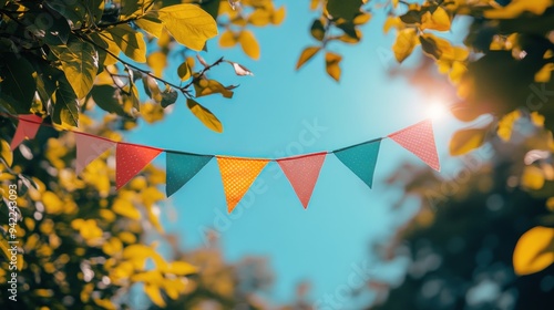 Colorful flags sway gently in the breeze under sunlight amidst vibrant green ...