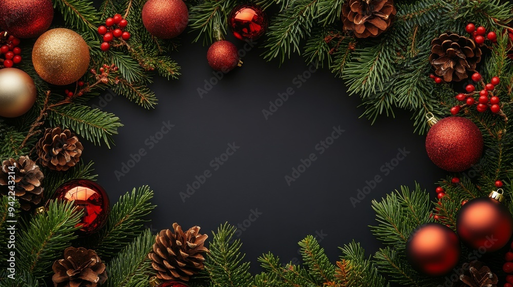 Holiday arrangement with red ornaments and pine cones on a black background Holiday arrangement with red ornaments and pine cones on a black background