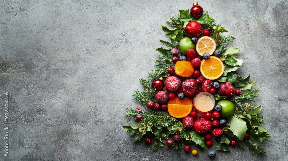 Creative fruit arrangement resembling a Christmas tree decorated with berries and citrus fruit Creative fruit arrangement resembling a Christmas tree decorated with berries and citrus fruit