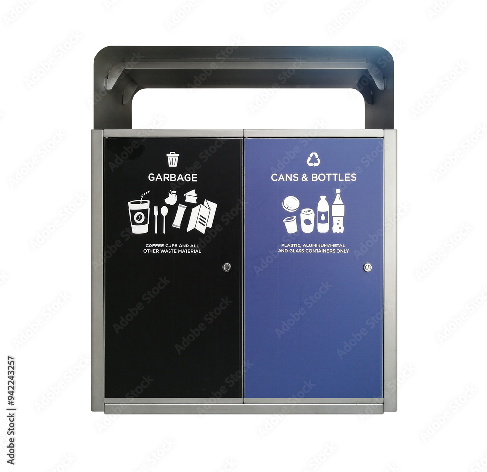 A double door waste container for separate collection of regular and recyclable waste on a transparent isolated background png A double door waste container for separate collection of regular and recyclable waste on a transparent isolated background png