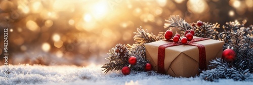 A beautifully wrapped gift box surrounded by festive decorations during a sno...