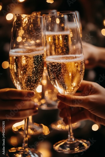 Three friends celebrate the evening with sparkling drinks and laughter at a f...