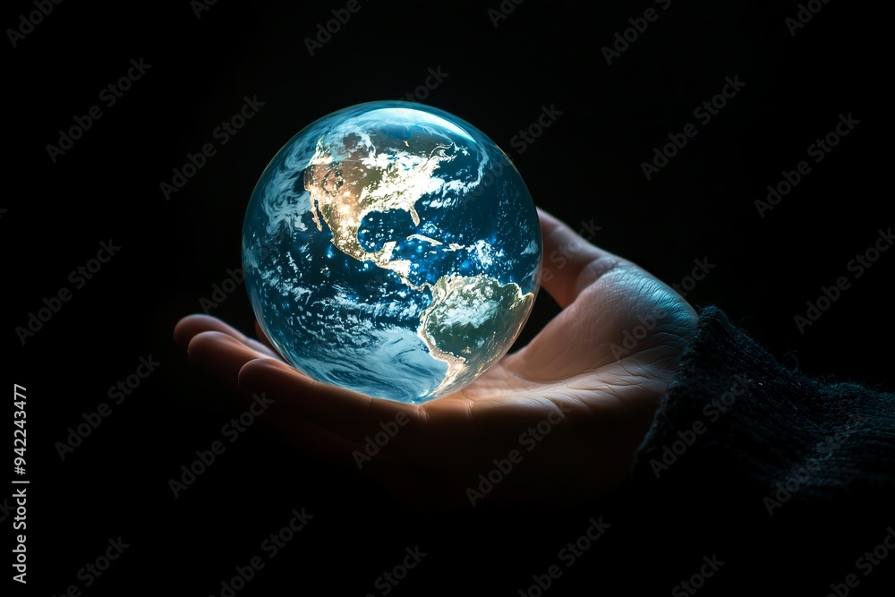 A hand holding up an illuminated globe of the Earth against a black... A hand holding up an illuminated globe of the Earth against a black...