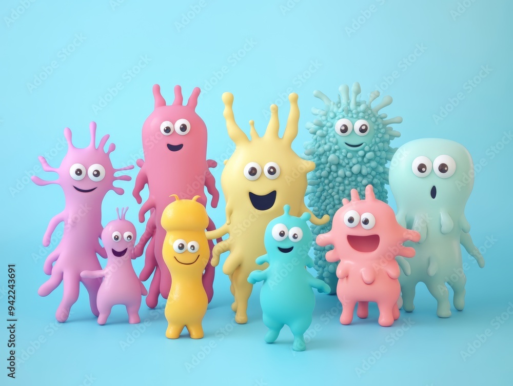 Adorable animated bacteria characters posing together on a vibrant blue background Adorable animated bacteria characters posing together on a vibrant blue background