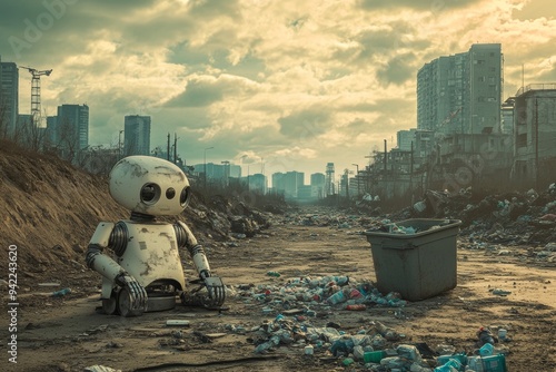 Lonely robot amidst the ruins  a desolate city overrun by trash in a post apocalyptic landscape photo