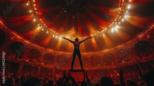 Dramatic performance in a vibrant circus tent during an evening show with an ...