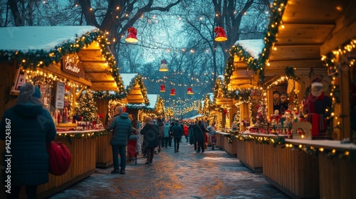 Festive holiday market in a charming winter setting with twinkling lights and...