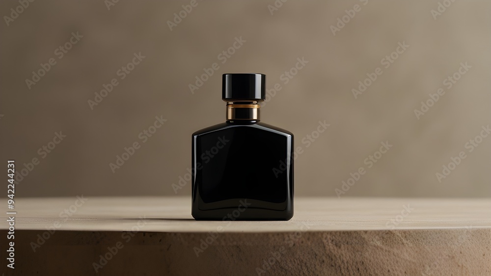 mockup of a plain black perfume bottle neatly placed on a podium on a neutral background, light background, Ai generated Images mockup of a plain black perfume bottle neatly placed on a podium on a neutral background, light background, Ai generated Images