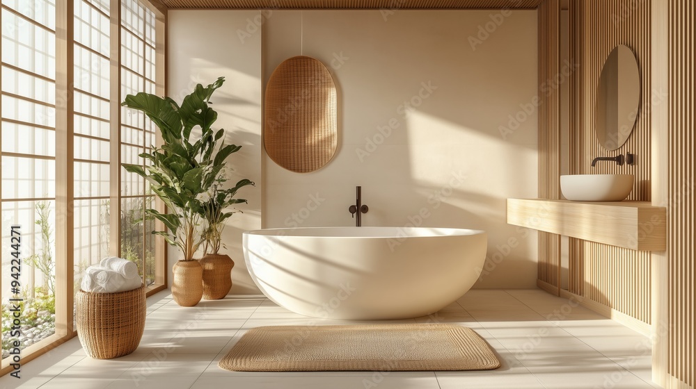 Scandinavian-Japanese fusion bathroom. The minimalistic and organic aspects of Japanese design. The room is very clean and well-lit. Scandinavian-Japanese fusion bathroom. The minimalistic and organic aspects of Japanese design. The room is very clean and well-lit.