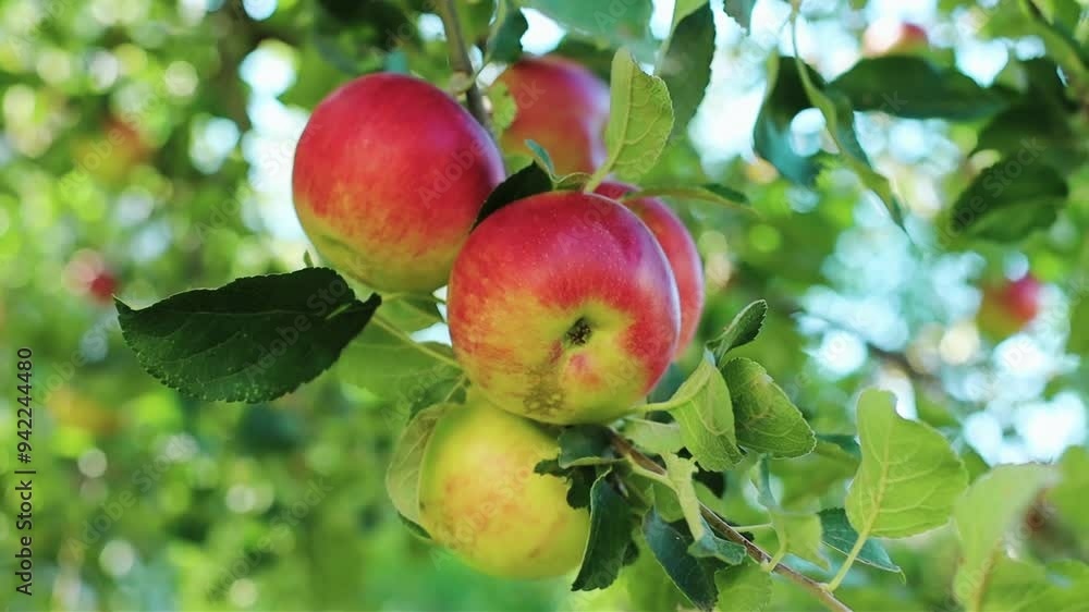 Green and red ripe juicy apples on the tree in the garden. Harvest time appleas and fruits Green and red ripe juicy apples on the tree in the garden. Harvest time appleas and fruits