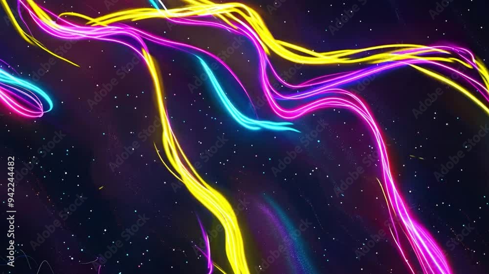Vibrant neon light trails in yellow, pink, and blue swirl gracefully against a dark background filled with twinkling stars. Vibrant neon light trails in yellow, pink, and blue swirl gracefully against a dark background filled with twinkling stars.