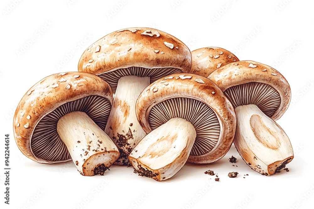 A bright cartoon illustration of fresh mushrooms on a clean white background. A bright cartoon illustration of fresh mushrooms on a clean white background.