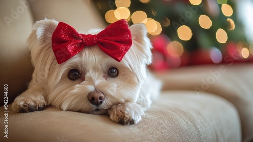 Adorable white dog resting on a couch beside a festive Christmas tree with de...