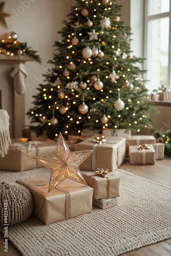 Christmas tree adorned with golden ornaments and wrapped gifts in a cozy living room setting