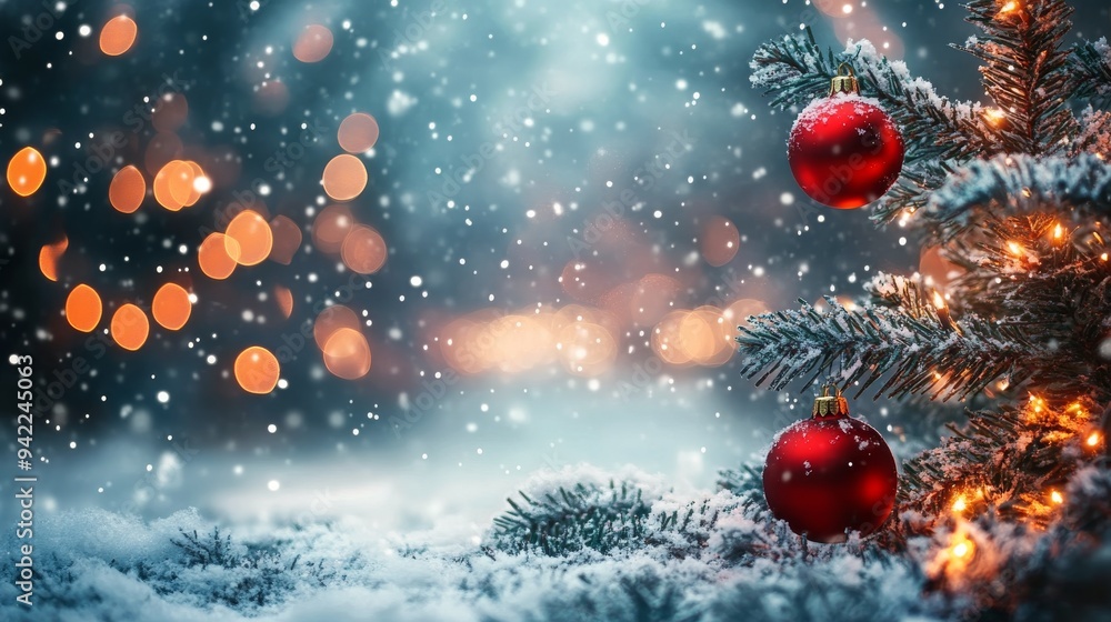 Elegant Christmas ornaments surrounded by snow and lights on a winter night Elegant Christmas ornaments surrounded by snow and lights on a winter night