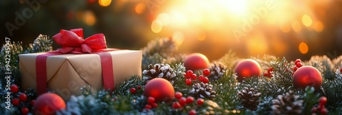 A beautifully wrapped gift box surrounded by festive decorations during a sno...