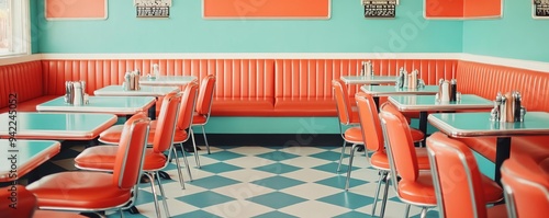 1950s soda fountain with vintage decor and grainy film, classic Americana, retro dining