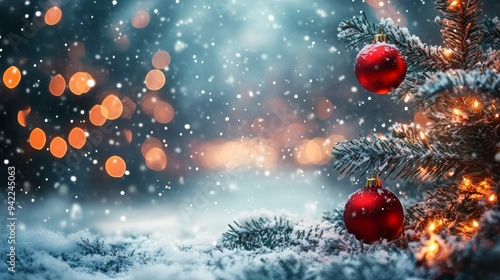Elegant Christmas ornaments surrounded by snow and lights on a winter night