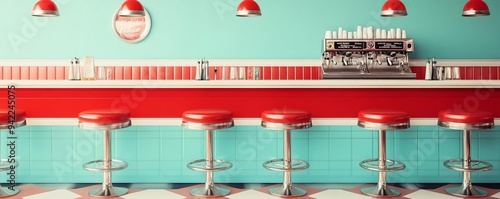 1950s soda fountain with vintage decor and grainy film, classic Americana, retro dining