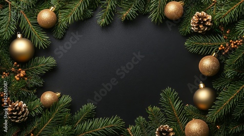 Holiday arrangement with red ornaments and pine cones on a black background