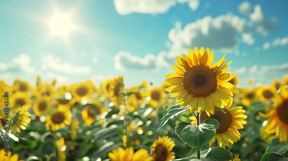 Fototapeta premium Beautiful field of sunflowers on blue sky background