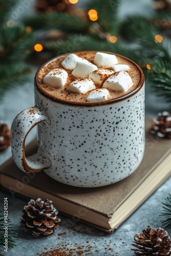 Cozy mugs filled with hot chocolate topped with marshmallows and cocoa during...